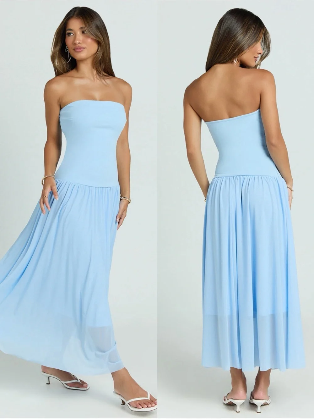 sleeved blue dress Light Blue Pleated Long Sleeve Maxi Dress – shopaleena main image 1